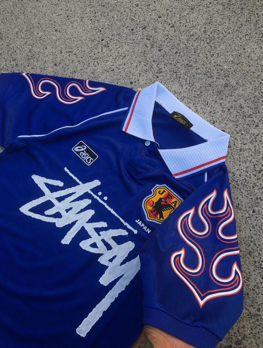 Blue White Asics Streetwear Football Top Stussy Special Edition 1998 1999 T Shirt Kit World Cup Japan Flame Jersey Home 
